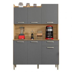 Buffet de Cuisine 6 Portes 1 Tiroir Chêne et Gris L 121.5 H 176 P 36.3 cm