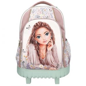 Depesche 13305 TOPModel Summer Feeling - Sac à dos scolaire trolley rose et vert, avec motif modèle et fleurs, sac d'école avec poignée télescopique et roulettes