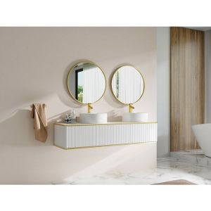Meuble de salle de bain suspendu strié liseré doré 2 tiroirs avec double vasque à poser ronde - Blanc - 150 cm - KELIZA