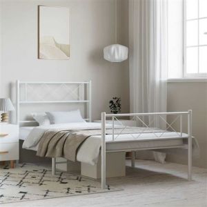 VidaXL Cadre de Lit avec Tête de Lit et Pied de Lit, Lit de Simple avec Sommier à Lattes, Lit Adulte avec Rangement Chambre, Moderne, Blanc 100x190 cm Métal