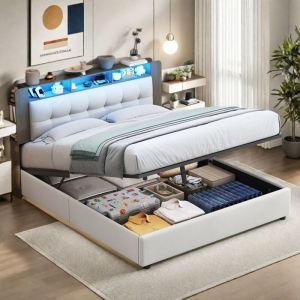 Lit 160x200 cm avec LED et USB, Lit coffre 160x200 cm avec sommier &agrave; lattes, Lit queen tissu en velours, Blanc, Sommier inclus