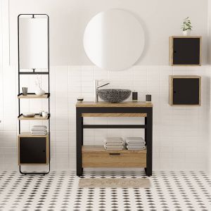 Meuble 90 cm en ch&ecirc;ne naturel et m&eacute;tal noir, plan en bois et tiroir - IRON