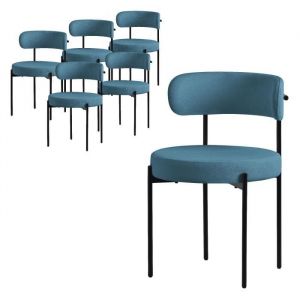 Lot de 6 chaises de cuisine rond en tissu teddy bleu avec dossier pied en acier