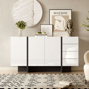 Modernluxe - Buffet 2 portes et 4 tiroirs - aspect brillant - Blanc & Noir