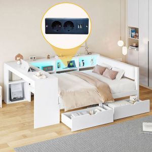 Canap&eacute;-lit enfant LED 140x200cm avec bureau, t&ecirc;te de lit rembourr&eacute;e, sans matelas, MDF, blanc, prise + USB