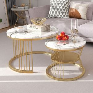 Table Basse Gigogne - Marbre Blanc & M&eacute;tal Dor&eacute; - 2 Pi&egrave;ces - Design Moderne - 70 & 45cm