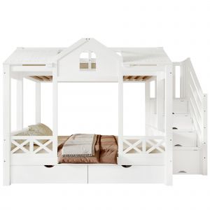 Lit Superpos&eacute; Enfant 2 Places,90x200/140x200cm,Fen&ecirc;tres & Toit, 2 Tiroirs, 4 Niches de Rangement,En Pin & MDF, Blanc