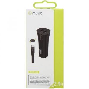 Muvit TAB Pack Chargeur Voiture 2USB 2.4A+MICRO USB REVERSIBLE Noir - Chargeur allume-cigare et c&acirc;ble de marque Caract&eacute;ristique du chargeur allume cigare :- Chargeur allume cigare 2 port USB- Tension d'entr&eacute;e : DC12-24V- Puissance : 2.4A- Couleur : n