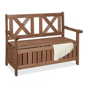 Relaxdays Banco Jard&iacute;n con Ba&uacute;l, 2 Plazas, Madera Abeto, 85 x 115 x 60 cm, Asiento Exterior con Respaldo, Marr&oacute;n Oscuro
