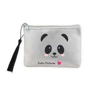 Image de Porte monnaie et porte cles gris Taperso avec motif panda et coeur personnalisable