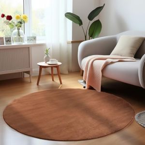 Homebyhome Tapis salon 160 cm Rond Marron Uni moderne et moelleux &agrave; poil court avec sous-couche antid&eacute;rapante lavable