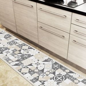 Ciment Style Gris-sable | Tapis d&eacute;co antid&eacute;rapant carreaux de ciment gris sable - L200xH120cm