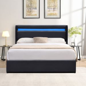 Lit coffre 140x200 avec t&ecirc;te de lit LED - 12 lattes - montage rapide et facile - rev&ecirc;tement PVC simili facile d'entretien - design moderne - gain de place - chambre &eacute;l&eacute;gante - LIT CLEMENTINE NOIR