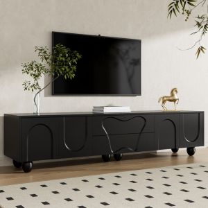 Meuble TV 180 x 40 x 42 cm - 2 tiroirs et 4 portes - pieds en bois massif - panneaux de particules - noir