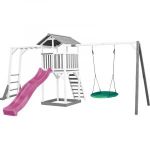 Axi Beach Tower Aire de Jeux avec Toboggan en Violet, Cadre d'escalade, Balançoire Nid d'oiseau Vert & Bac à Sable - Grande Maison