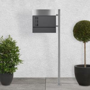 Ecd Germany - Bo&icirc;te aux Lettres sur Pied avec Compartiment &agrave; Journaux, Bo&icirc;te Design Anthracite/Argent avec Poteau Argent&eacute;, Pied Ind&eacute;pendant, en Acier