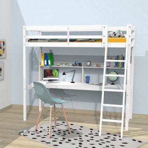 Lit Mezzanine Studio 90x190 + 1 Sommier + Bureau + Étagère / Blanc/ L201xp147xh191
