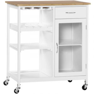 Homcom Desserte de cuisine multi-rangement - porte acrylique poignées métal MDF blanc aspect bambou 76x48x88cm Blanc