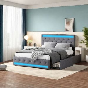 Lit 140 x 190 cm avec tiroirs et sommier, lit double capitonné avec éclairage LED et port USB, lit 140 x 200 cm avec sommier à lattes en bois, lit