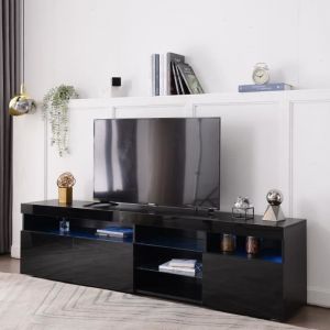 Meuble TV - avec &eacute;clairage LED - 3 portes 5 &eacute;tag&egrave;res - Haute brillance - Noir - L 180 cm - Support TV