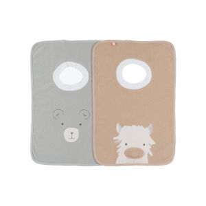 Noukie's Lot de 2 bavoirs &eacute;ponge Funny &ndash; Beige &ndash; Avec scratch doux et d&eacute;tail sonore int&eacute;gr&eacute; &ndash; Id&eacute;al repas b&eacute;b&eacute; d&egrave;s la naissance &ndash; Confortable et pratique