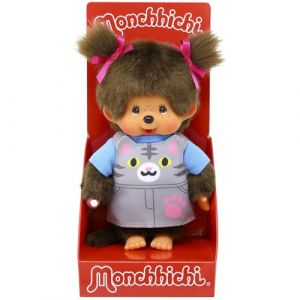 Monchhichi BANDAI - Peluche Salopette Chat - Peluche Singe Iconique des ann&eacute;es 80 - Peluches Toutes Douces 20 cm pour Enfants et Adultes - Motif Chat - Jouet Enfant 2 Ans et + - SE203895