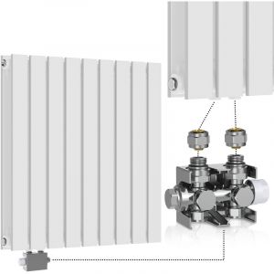 Aquamarin Radiateur Horizontal avec Valve Thermostatique - 600x614x69 mm, Panneau Plat Double, Acier, Blanc, Temp Réglable 5 Niveaux, Vanne Chrome