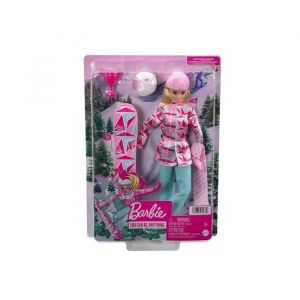 Mattel Coffret sport d'hiver - poupee snowbordeuse avec accessoires - blonde articulee - set metier sportive et carte
