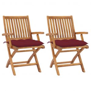 VidaXL Chaises de jardin 2pcs avec coussins rouge bordeaux Teck massif