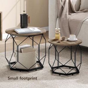 Woltu - Lot de 2 Tables Basses Gigognes Table Basse Ronde, Cadre Noir, en Métal + Bois Composite, Chêne Gris