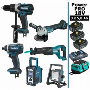 Makita Pack Power PRO 6 outils 18V: DDF458 + DTD152 + DGA504 + DJR186 + DMR108 + Projecteur + 3 batt 5Ah + sac