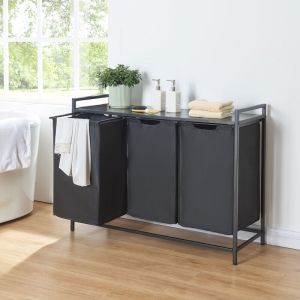 Image de Panier &agrave; linge Saltvik avec 3 bacs coulissants 76 x 103 x 38 cm noir [en.casa]