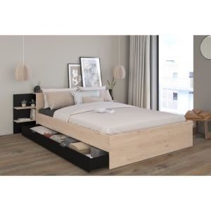 Parisot Lit 140x190/200 avec rangements ORNELLA imitation ch&ecirc;ne et noir