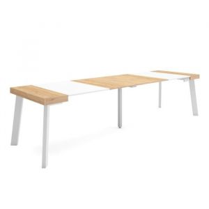 Table console extensible, Console meuble, 300, Pour 14 personnes, Pieds en bois, Style moderne, Chêne et blanc - Skraut Home