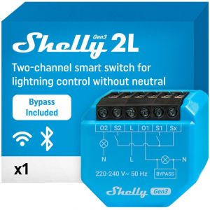 Shelly 2L Gen3 - Interrupteur connecté Wi-Fi, 2 canaux 200-700 W, Fil Neutre non requis, Bypass 1L/2L inclus, Éclairage connecté, Contrôle à distance app, Compatible Alexa, Google Home, SmartThings
