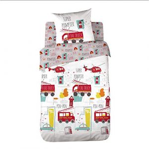 Cot&eacute; D&eacute;co Kids fire truck housse de couette 100% coton - 140x200 cm avec 1 taie 63x63 cm