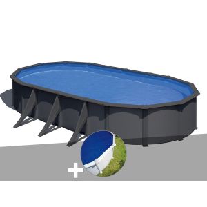 Image de Gre Kit piscine acier gris anthracite Louko ovale 7,44 x 3,99 x 1,22 m + Bâche à bulles