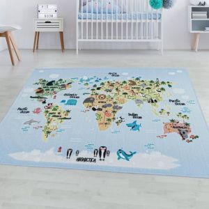Tapis d'Enfant Chambre - Titan - Carte du Monde - Bleu - 100 x 150 cm - 100% Polypropyl&egrave;ne - SIMPEX