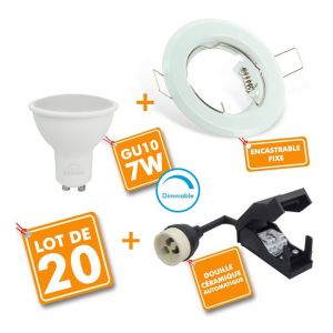 Eclairage design Lot de 20 Spot LED encastrable complet Blanc Fixe avec Ampoule GU10 7W Dimmable (Blanc froid 6000K)