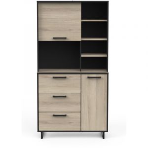 Buffet de cuisine 2 portes + 3 tiroirs coloris chene kronberg, noir mat - Longueur 92 x Hauteur 179,50 x Profondeur 39,70 cm -PEGANE-