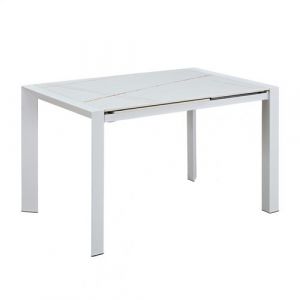 MELIA - Table Repas Allongeable Plateau Céramique Marbré Blanc Pieds Métal Blanc - Altobuy