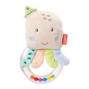 Fehn 054248 Hochet Anneau avec Pieuvre en Tissu Doux à Faire Cliqueter, à Faire Couiner et à Palper - Pour Bébés et Tout-Petits dès 0 Mois - Taille 14 cm