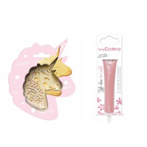 Kit pour biscuit en relief Licorne + Stylo au chocolat rose pastel