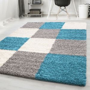 Image de Life SHAGGY - Tapis de salon à Carreaux 160 x 230cm - 100% Polypropylène 30mm - Turquoise