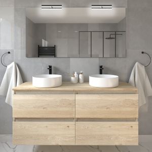 Meuble de salle de bain avec vasques rondes - bambou (chêne clair) - balea et miroir avec appliques - 120cm