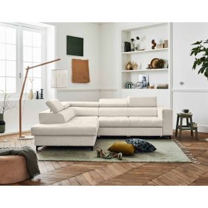 Canapé d'angle gauche convertible 5 places en tissu beige