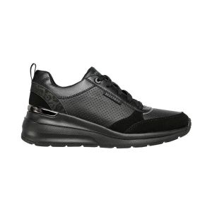 Skechers Femme Billion Subtle Spots Basket, Cuir Duraleather Noir avec Bordure Léopard, 36.5 EU