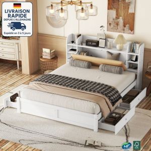 Lit double avec 4 tiroirs 180x200cm, pin, tête de lit avec rangement, sans matelas, lit pour adultes, blanc
