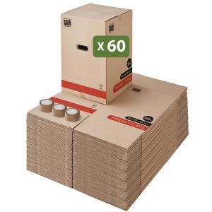 Pack and Move - Lot 60 Cartons D&eacute;m&eacute;nagement Premium - 40 X 40 X 60 Cm - R&eacute;sistance 30 KG - Double &Eacute;paisseur - Poign&eacute;es Renforc&eacute;es - 3 Adh&eacute;sifs Offerts