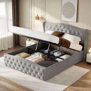 Image de Lit coffre 140x200 cm - TANANT - Lit double capitonn&eacute; - T&ecirc;te de lit d&eacute;corative - Tissu Velours - Gris